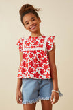 GY6701 Red Girls Embroidery Textured Floral Lace Inset Top Front