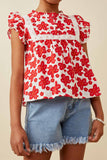 GY6701 Red Girls Embroidery Textured Floral Lace Inset Top Detail