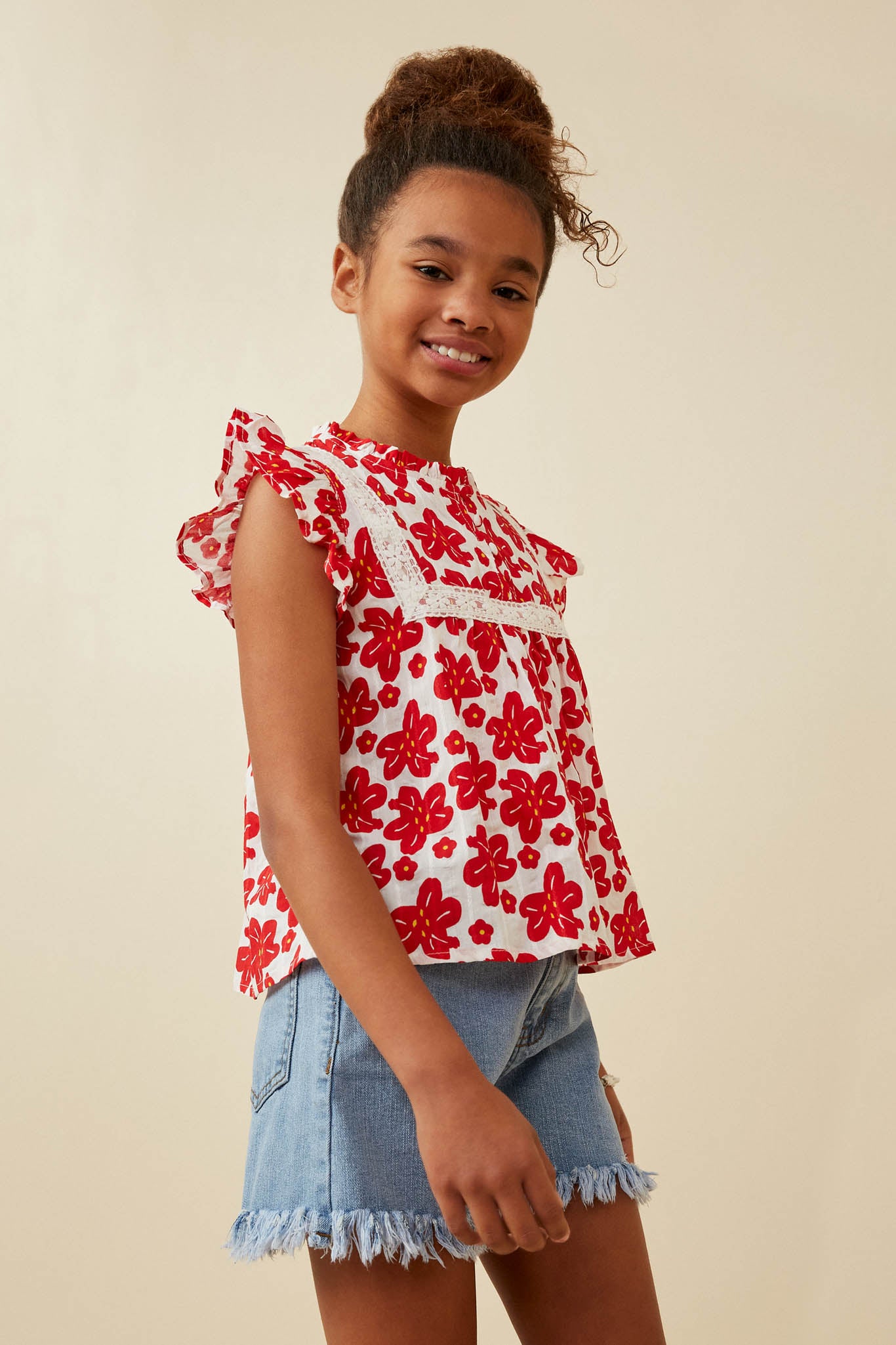 GY6701 Red Girls Embroidery Textured Floral Lace Inset Top Side