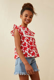 GY6701 Red Girls Embroidery Textured Floral Lace Inset Top Side