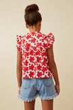 GY6701 Red Girls Embroidery Textured Floral Lace Inset Top Back