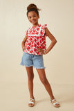 GY6701 Red Girls Embroidery Textured Floral Lace Inset Top Full Body