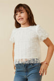 GY6707 Off White Girls Flocked Ribbon Ruffled Mesh Puff Sleeve Top Front