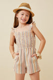 GY6726 RUST Girls Textured Stripe Ruffle Strap Smocked Romper Front