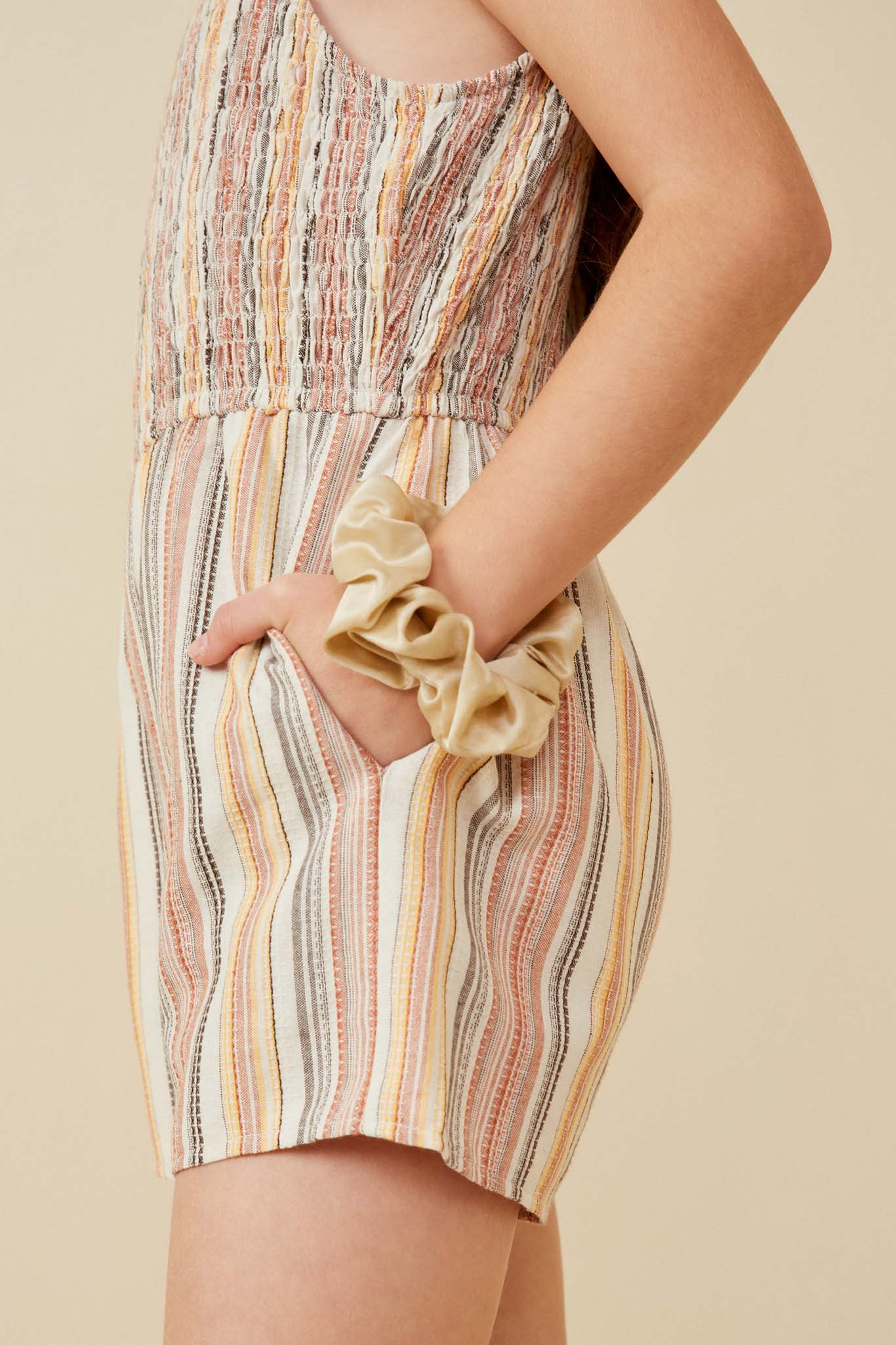 Textured Stripe Ruffle Strap Smocked Romper