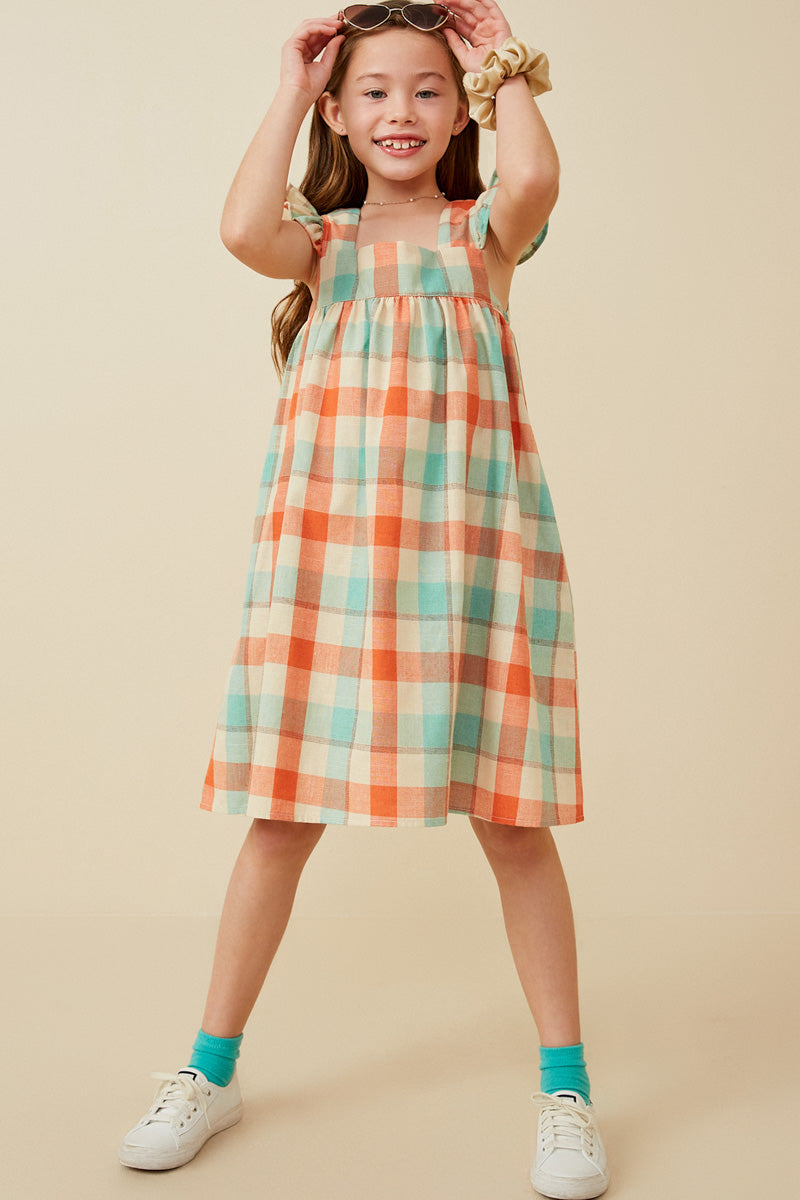 GY6736 Coral Mix Girls Checked Ruffle Strap Tank Shift Dress Full Body