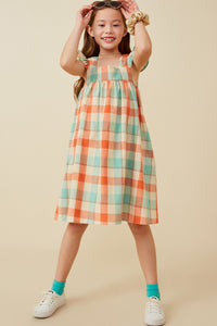 GY6736 Coral Mix Girls Checked Ruffle Strap Tank Shift Dress Full Body