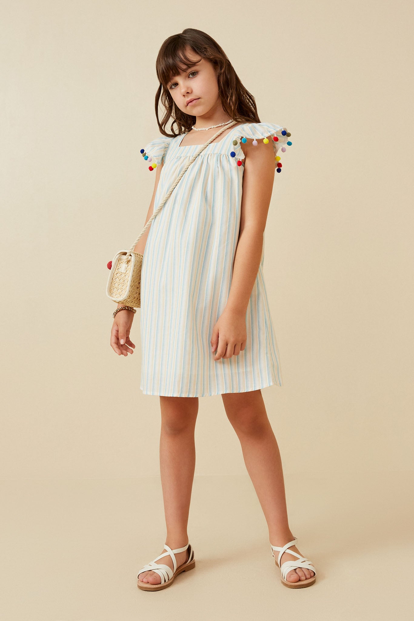 Striped Gumball Pompom Flutter Sleeve Dress