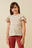 GY6748 Pink Mix Girls Striped Ruffled Cap Sleeve Knit Top Front