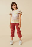 GY6748 Pink Mix Girls Striped Ruffled Cap Sleeve Knit Top Full Body