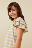 GY6748 Pink Mix Girls Striped Ruffled Cap Sleeve Knit Top Side