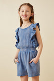 GY6759 Blue Girls Crinkle Texture Ruffled Tank Romper Front