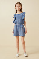 GY6759 Blue Girls Crinkle Texture Ruffled Tank Romper Full Body