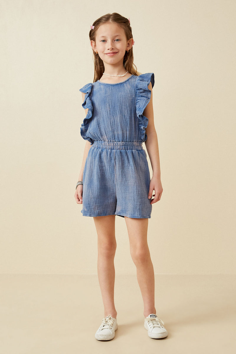 GY6759 Blue Girls Crinkle Texture Ruffled Tank Romper Full Body