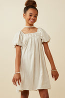 GY6766 Beige Girls Puff Sleeve Box Pleat Detail Square Neck Dress Front