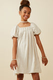 GY6766 Beige Girls Puff Sleeve Box Pleat Detail Square Neck Dress Front