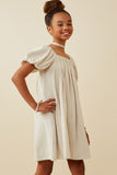 GY6766 Beige Girls Puff Sleeve Box Pleat Detail Square Neck Dress Side
