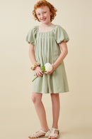 GY6766 Sage Girls Puff Sleeve Box Pleat Detail Square Neck Dress Full Body