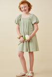 GY6766 Sage Girls Puff Sleeve Box Pleat Detail Square Neck Dress Full Body