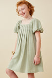 GY6766 Sage Girls Puff Sleeve Box Pleat Detail Square Neck Dress Front 2