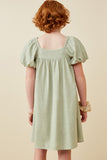 GY6766 Sage Girls Puff Sleeve Box Pleat Detail Square Neck Dress Back