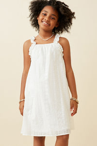GY6768 OFF WHITE Girls Floral Embroidered Eyelet Ruffle Strap Dress Front
