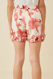 GY6769 Red Girls Textured Floral Print Ruffle Detailed Shorts Back