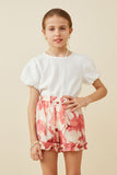 GY6769 Red Girls Textured Floral Print Ruffle Detailed Shorts Front