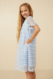 GY6772 Blue Girls Feathered Mesh And Dot Shift Dress Side