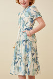 GY6773 Blue Girls Textured Floral Ruffle Neck Short Sleeve Dress Side