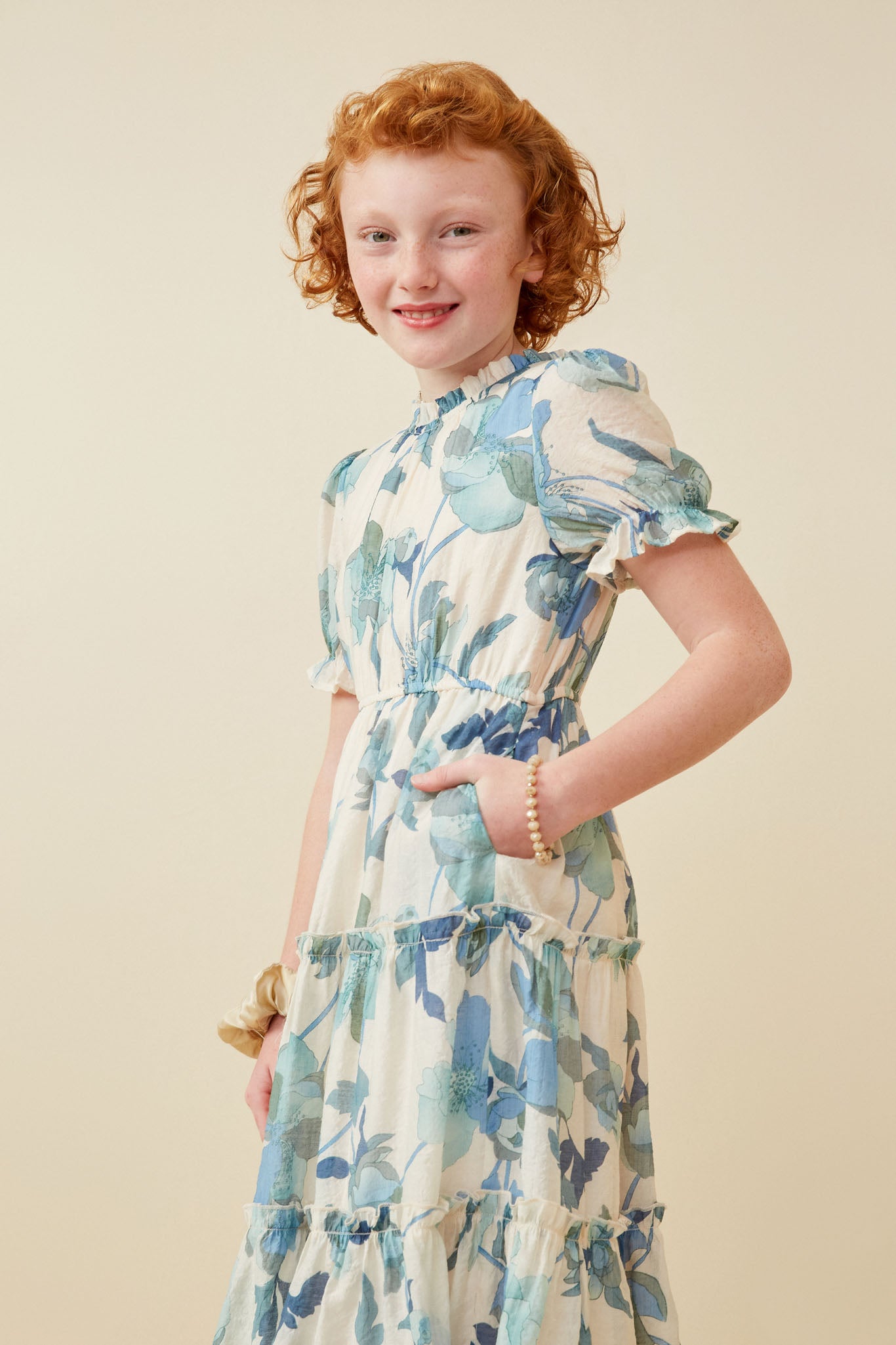 GY6773 Blue Girls Textured Floral Ruffle Neck Short Sleeve Dress Front