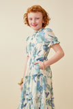 GY6773 Blue Girls Textured Floral Ruffle Neck Short Sleeve Dress Front