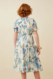 GY6773 Blue Girls Textured Floral Ruffle Neck Short Sleeve Dress Back