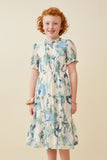 GY6773 Blue Girls Textured Floral Ruffle Neck Short Sleeve Dress Front 2