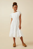 GY6779 Off White Girls Scallop Hem Floral Crochet Eyelet Dress Full Body