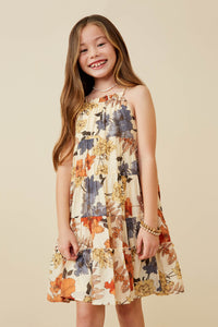 GY6780 Cream Girls Textured Botanical Tiered Tank Dress Front