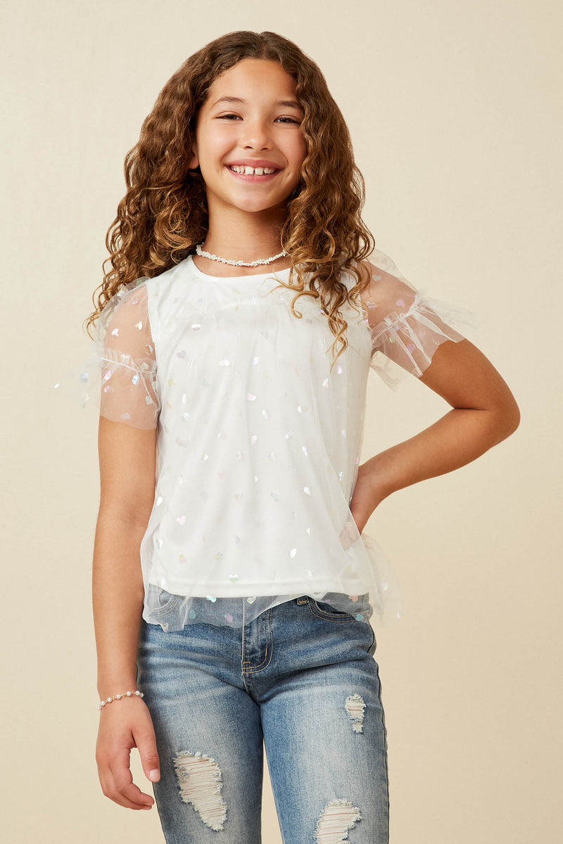 Girls Metallic Heart Foiled Mesh Top Front