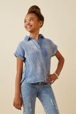 Girls Washed Textured Collar Dolman Top Front