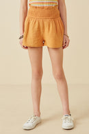 GY6787 Apricot Girls Textured Acid Wash Smocked Short Front
