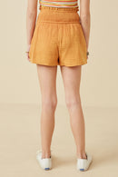 GY6787 Apricot Girls Textured Acid Wash Smocked Short Back