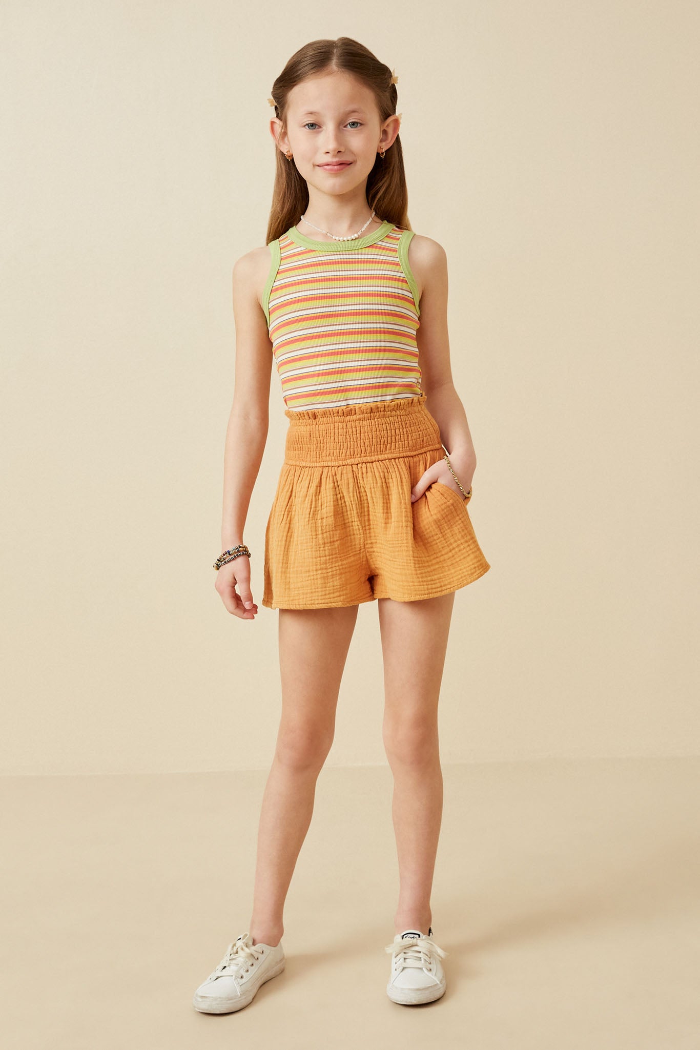 GY6787 Apricot Girls Textured Acid Wash Smocked Short Full Body