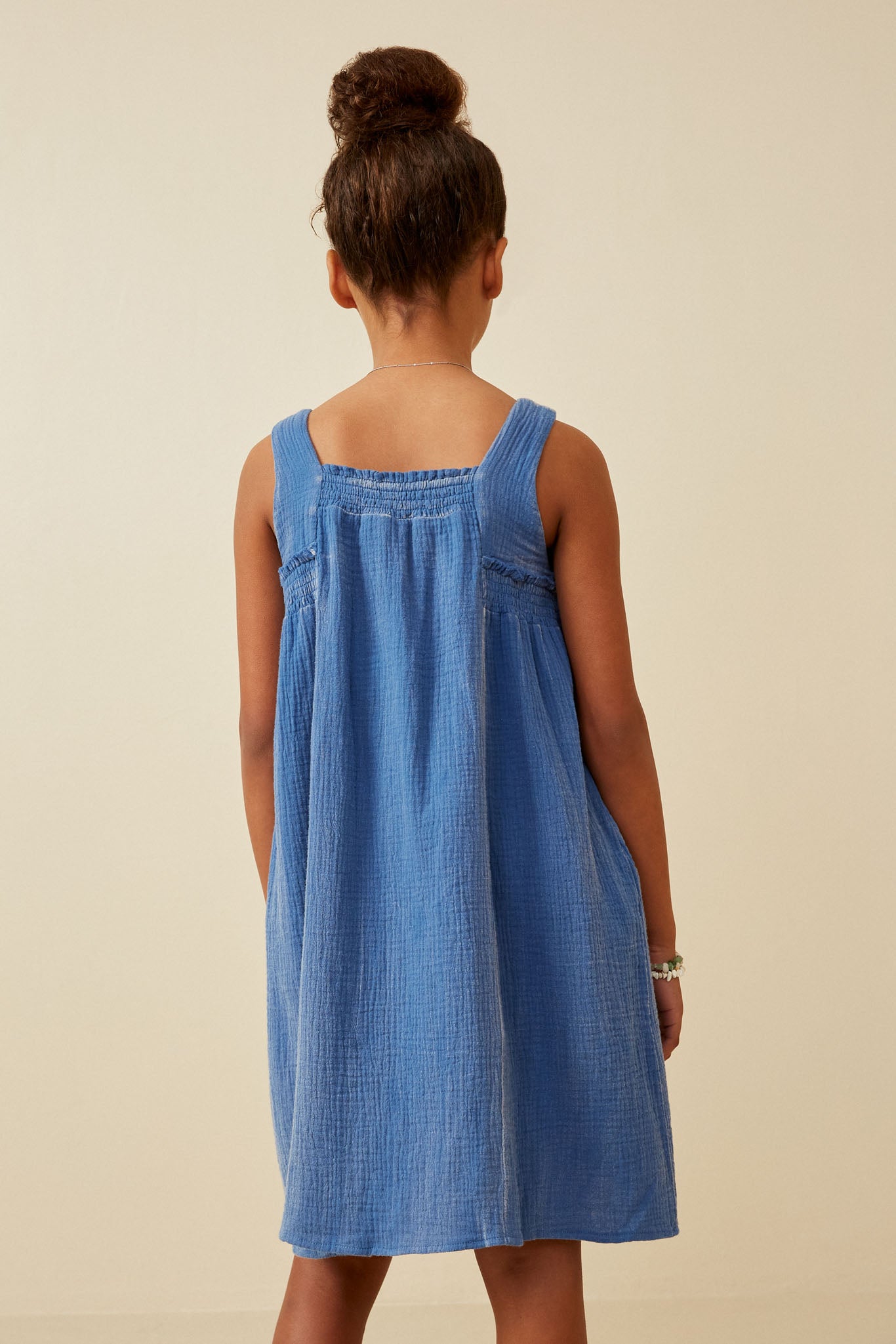 GY6788 Blue Girls Washed Textured Smock Detail Tank Dress Back