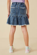 GY6791 Denim Girls Distressed High Waist Drop Hem Denim Skirt Back