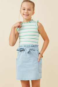 GY6794 Light Denim Girls Garment Washed Belted Patch Pocket Skirt Front