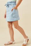 GY6794 Light Denim Girls Garment Washed Belted Patch Pocket Skirt Side