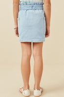 GY6794 Light Denim Girls Garment Washed Belted Patch Pocket Skirt Back