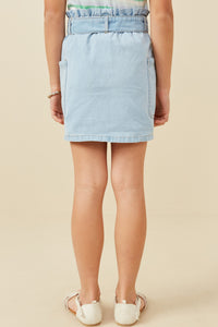 GY6794 Light Denim Girls Garment Washed Belted Patch Pocket Skirt Back