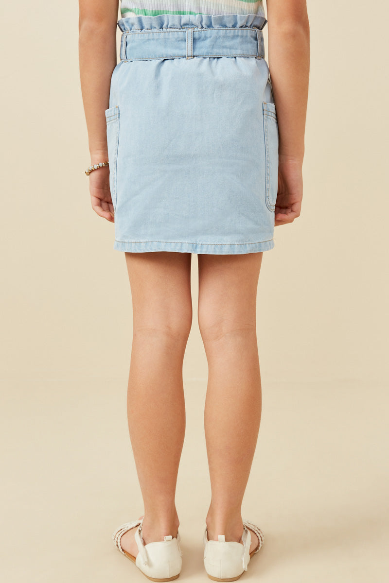 GY6794 Light Denim Girls Garment Washed Belted Patch Pocket Skirt Back