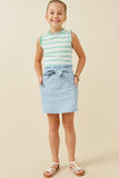 GY6794 Light Denim Girls Garment Washed Belted Patch Pocket Skirt Full Body