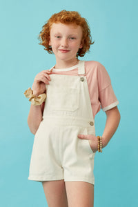 GY6797 White Girls Front Pocket Short Denim Overalls Front